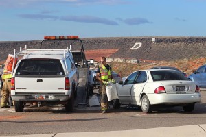 A head-on collision at Red Hills Parkway and Skyline Drive injured one man Tuesday morning, St. George, Utah, Oct. 20, 2015 | Photo by Ric Wayman, St. George News