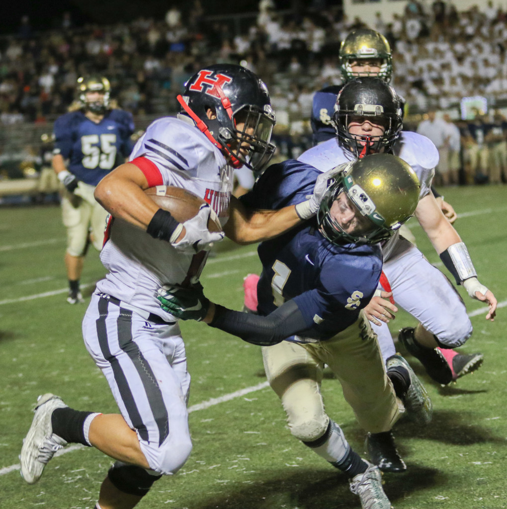 Nick McDaniel fights for yardage, Snow Canyon vs. Hurricane, Football, St George, Utah, Oct. 23, 2015, | Photo by Kevin Luthy, St. George News