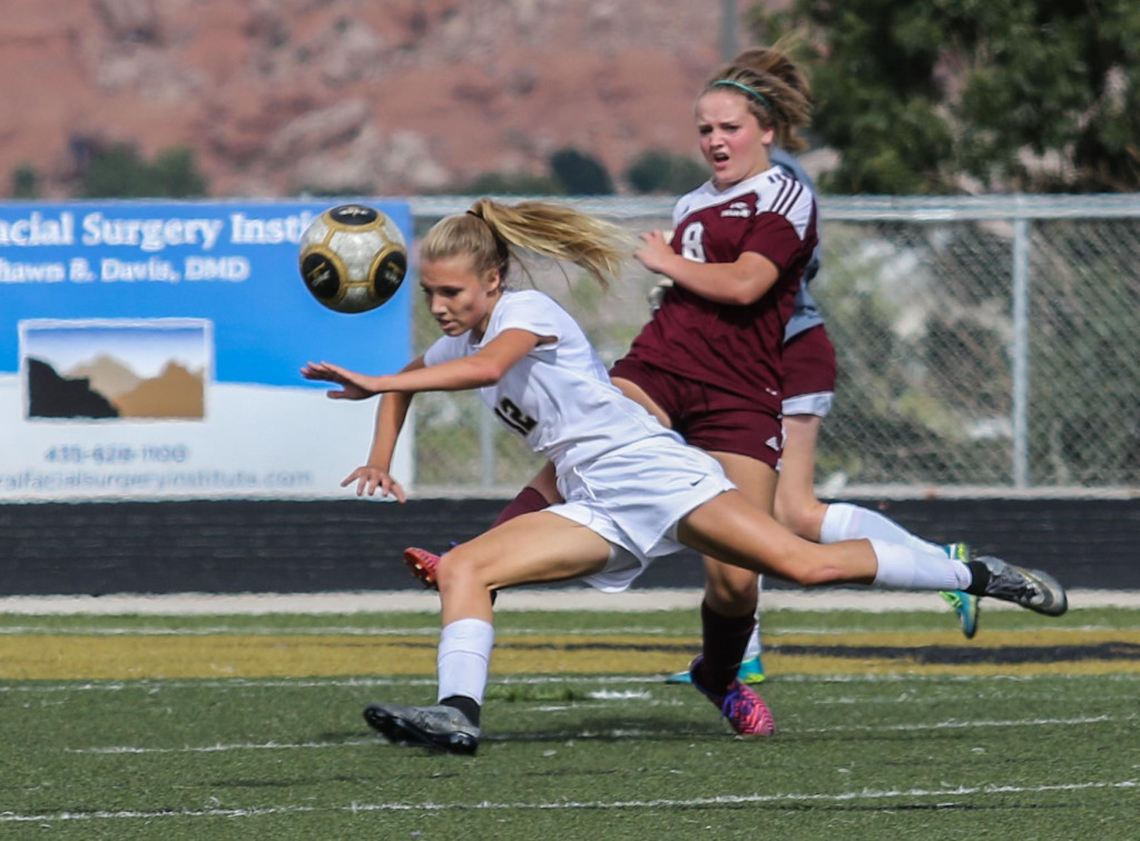 Brooklyn Lott (12) for Desert Hills and Talli Gardner (8) for Morgan, Desert Hills vs Morgan, Girls Soccer,St George, Utah, Oct. 17, 2015, | Photo by Kevin Luthy, St. George News.