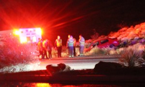 Hitting a patch of standing water on Red Hills Parkway caused this car to spin out and go off road. No injuries were reported and no other vehicles were involved, St. George, Utah, Oct 15, 2015 | Photo by Mori Kessler, St. George News