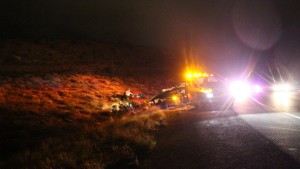 Hitting a patch of standing water on Red Hills Parkway caused this car to spin out and go off road. No injuries were reported and no other vehicles were involved, St. George, Utah, Oct 15, 2015 | Photo by Mori Kessler, St. George News