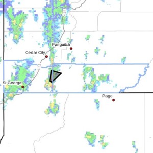 Dots indicate area affected by severe thunderstorm warning, Washington County, Utah, Oct. 18, 2015, 4:03 p.m. | Photo courtesy of the National Weather Service, St. George News | Click map to enlarge