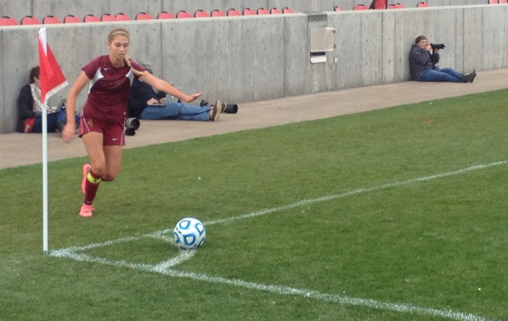 MaKenna Clark takes a corner for the Cedar Lady Reds, Cedar vs. Logan, 3A State Championship, Sandy Utah, Oct. 24, 2015 | Photo by AJ Griffin, St. George News