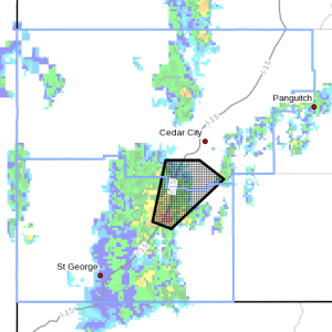 Dots indicate area affected by thunderstorm warning, Washington County, Utah, Oct. 18, 2015, 2:40 p.m. | Photo courtesy of the National Weather Service, St. George News