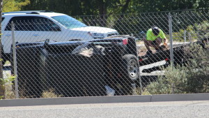 A jeep rolled on southbound I-15 after a tire blew out. The driver, the only occupant of the jeep, was wearing a seat belt and escaped injury, St. George, Utah, Oct. 12, 2015 | Photo by Mori Kessler, St. George News