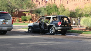 Aftermath of a vehicle fire on Tuacahn Drive, Ivins, Utah, Oct. 17, 2015 | Photo by Mori Kessler, St. George News