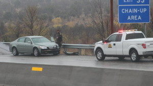 Another car spun out of control on northbound I-15 near milepost 31, near the cite of the car-versus-semi incident. No injuries resulted from this incident. The roadway was slick due to a mix of rain and snowfall Washington County, Utah, Nov. 16, 2015 | Photo by Mori Kessler, St. George News