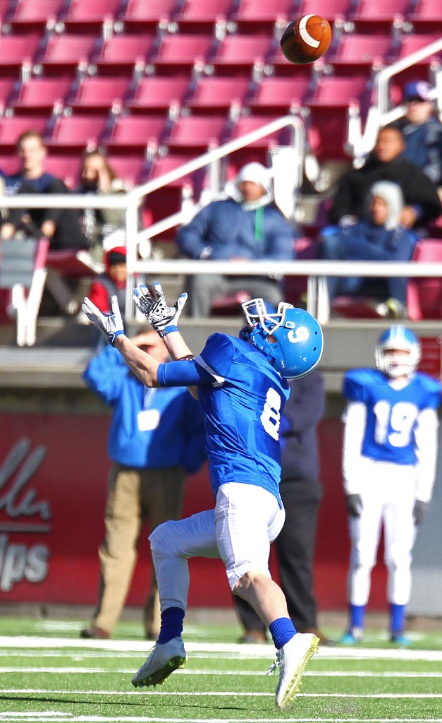 Dixie's Hobbs Nyberg (9) makes a diving catch, Dixie vs. Logan, 3AA State Football Championship, Salt Lake City, Utah, Nov. 20th, 2015, | Photo by Robert Hoppie, ASPpix.com, St. George News