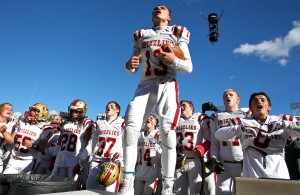 Logan's Hunter Horsley leads the team in a cheer for the fans after their state championship victory over Dixie, Dixie vs. Logan, 3AA State Football Championship, Salt Lake City, Utah, Nov. 20th, 2015, | Photo by Robert Hoppie, ASPpix.com, St. George News