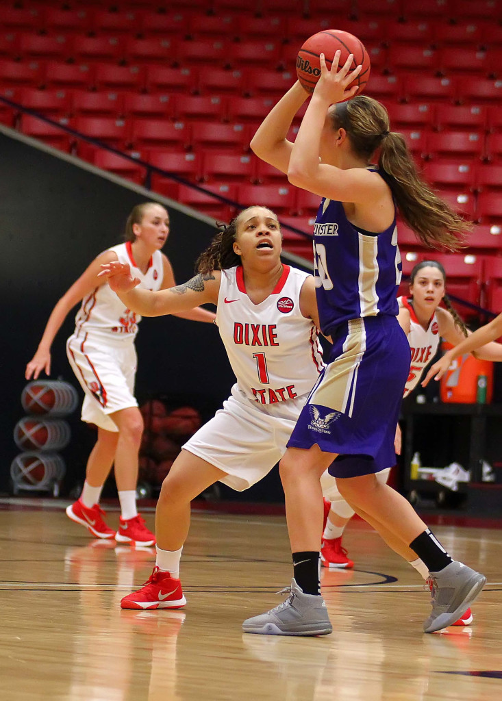 File photo of Dixie State's  Tramina Jordan (1), Dixie State University vs. Westminster College, Womens basketball, St. George, Utah, Nov. 24th, 2015, | Photo by Robert Hoppie, ASPpix.com, St. George News