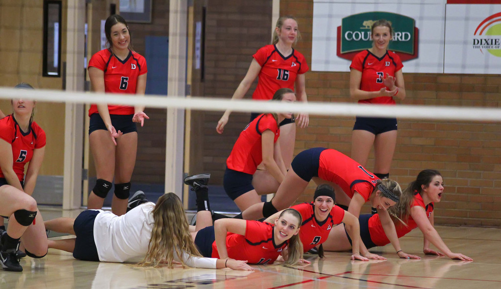 Dixie States bench celebrates a point, Dixie State University vs. Point Loma University, Volleyball, St. George, Utah, Nov. 7th, 2015, | Photo by Robert Hoppie, ASPpix.com, St. George News