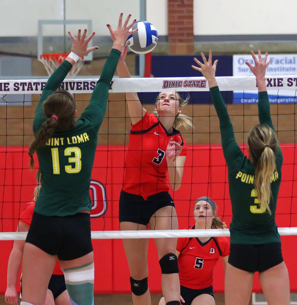 Lindsey Jones (3) for Dixie State, Dixie State University vs. Point Loma University, Volleyball, St. George, Utah, Nov. 7th, 2015, | Photo by Robert Hoppie, ASPpix.com, St. George News