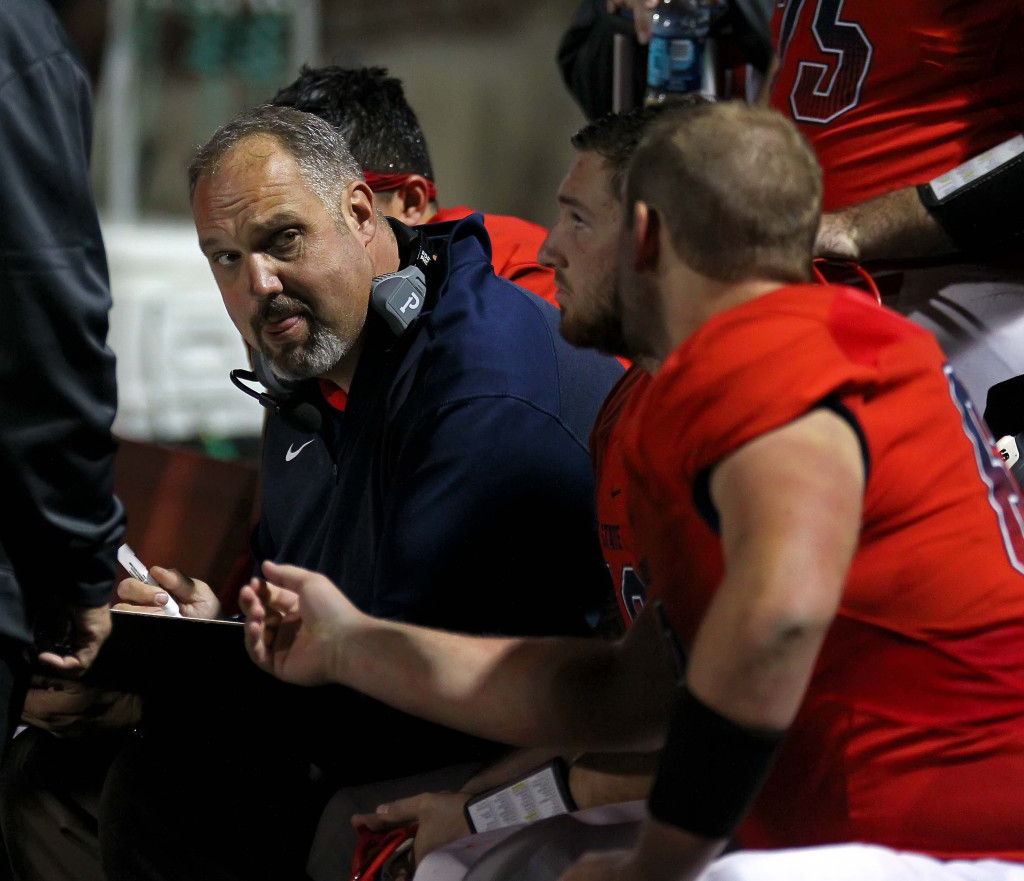 Head Coach Scott Brumfield, Dixie State University vs. Humboldt State University, Football, St. George, Utah, Nov. 7th, 2015, | Photo by Robert Hoppie, ASPpix.com, St. George News