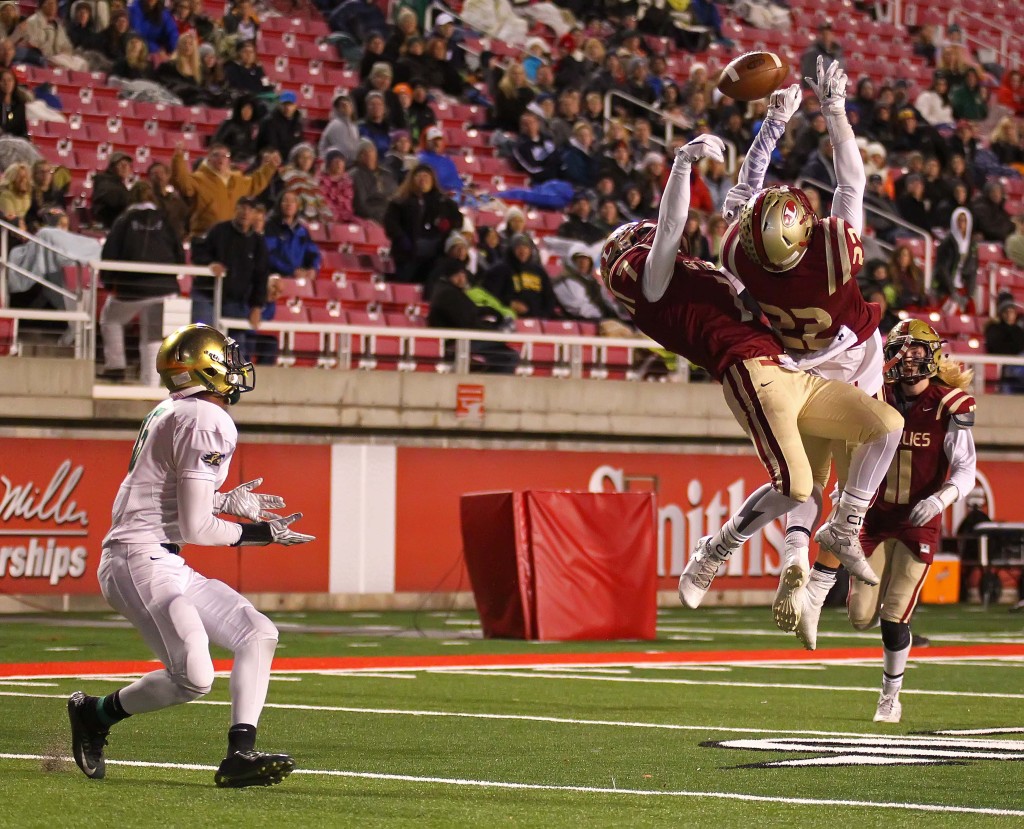 The Logan defenders break up a pass intended for Snow Canyon's  Tj Taimi (15), Snow Canyon vs. Logan, 3AA Football Semifinals, Salt Lake City, Utah, Nov. 12th, 2015, | Photo by Robert Hoppie, ASPpix.com, St. George News