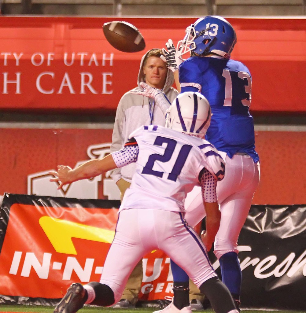 Dixie's  Bret Barben (13) makes a touchdown catch, Dixie vs. Tooele, 3AA Football Semifinals, Salt Lake City, Utah, Nov. 13th, 2015, | Photo by Robert Hoppie, ASPpix.com, St. George News