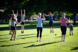 Kjell Crowe in the blue shirt leading a group of women in a boot camp, Orem, Utah, May 2014 | Photo courtesy of Kjell Crowe, St. George News