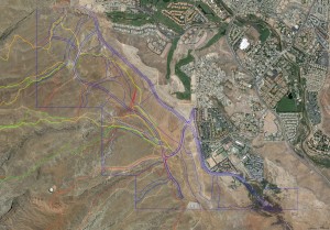 A Google Earth aerial photo shows trails used by mountain biking events, with development plan marked in blue | Image courtesy Southern Utah Bicycle Alliance