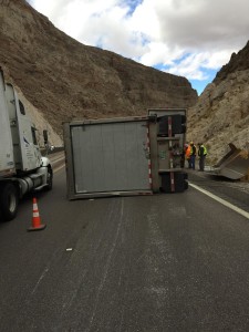 A UPS triple-unit semitrailer toppled its third trailer on Interstate 15 in the Virgin River Gorge. Mohave County, Arizona, Nov. 10, 2015 | Photo courtesy of Arizona Department of Public Safety Sgt. John T. Bottoms, St. George News