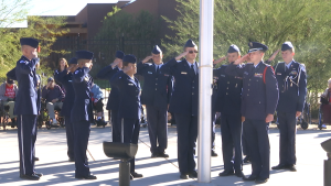 Jr. ROTC cadets salute the flag at the 2nd annual Veterans Day 5K and Fun Run, Ivins, Utah, Nov. 7, 2015 | Photo by Devan Chavez, St. George News