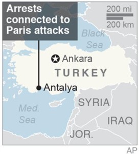 Map locates Antalya, Turkey, where arrests were made connected to the Paris attacks | Map courtesy of the Associated Press 