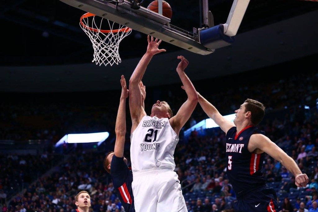 Kyle Davis (21) in the post, BYU vs. Belmont, Provo, Utah, Nov. 28, 2015 | Photo courtesy BYU Photo