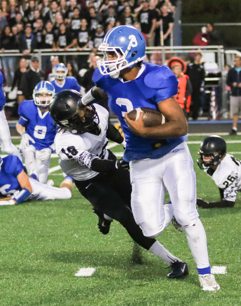 Tre Miller (3) from Dixie and D'Angelo Mpungi (19) from Pine View. Dixie vs Pine View, Football,St George, Utah, Nov. 6, 2015, | Photo by Kevin Luthy, St. George News