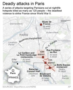 Map locates the deadly terror attacks in and around Paris, France.; (AP)