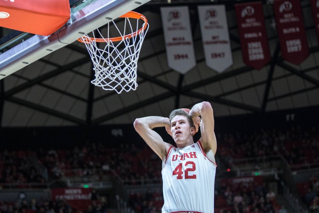 Jakob Poeltl stuffs it for Utah, Utah vs. Idaho State, Salt Lake City, Utah, Nov. 27, 2015 | Photo courtesy Utah Athletics