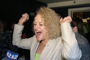 Former state lawmaker Jackie Biskupski reacts as results come in at her election night party for Salt Lake City Mayor, Salt Lake City, Utah, Nov. 3, 2015 | Photo by AP/Rick Bowmer, St. George News