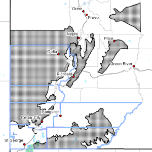 Dots denote the area affected by the winter weather advisor, Nov. 15, 2015 | Image courtesy of the National Weather Service, St. George News | Click image to enlarge