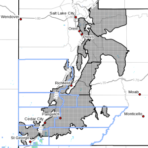 Dots denote the area affected by the winter weather advisor, Nov. 15, 2015 | Image courtesy of the National Weather Service, St. George News | Click image to enlarge