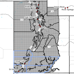 Dots indicate the area included in the wintry weather advisory, Utah, Nov. 22, 2015, 1:45 p.m. | Photo courtesy of the National Weather Service, St. George News | Click on image to enlarge