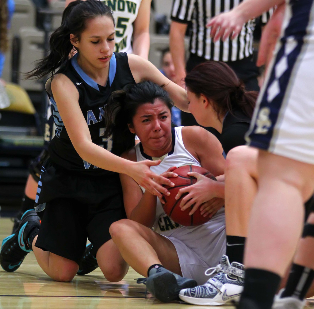 Snow Canyon's Sedale Sanden (10) and Canyon View's Alycia Flores (3) battle for a loose ball, Snow Canyon vs. Canyon View, Girls Basketball, St. George, Utah, Dec. 10, 2015, | Photo by Robert Hoppie, ASPpix.com, St. George News