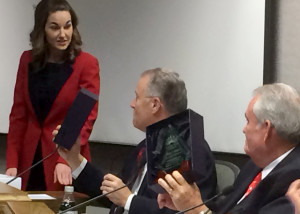 Cedar City Mayor Maile Wilson presents Councilmen Don Marchant and John Black with a commemorative piece thanking them for their service to the community, Council Chambers, Cedar City, Utah, Dec. 17, 2015 | Photo by Carin Miller, St. George News