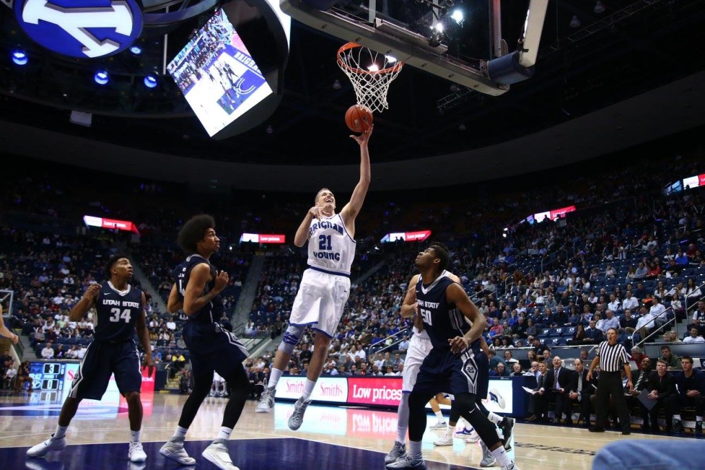 Kyle Davis scores, BYU vs. USU, Provo, Utah, Dec. 9, 2015 | Photo by BYU Photo