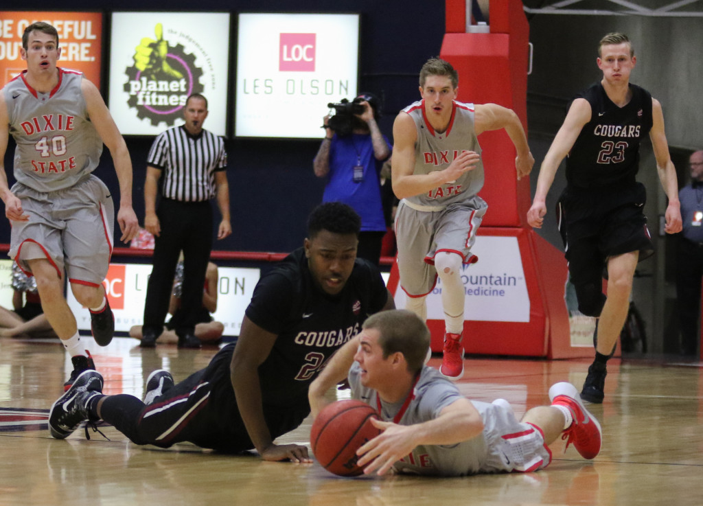 Dixie State's Mason Sawyer #12 and Azusa Pacific's LyDell Cardwell #24, Dixie State vs Azusa Pacific, Basketball, St George, Utah, Dec.19, 2015, | Photo by Kevin Luthy, St. George News