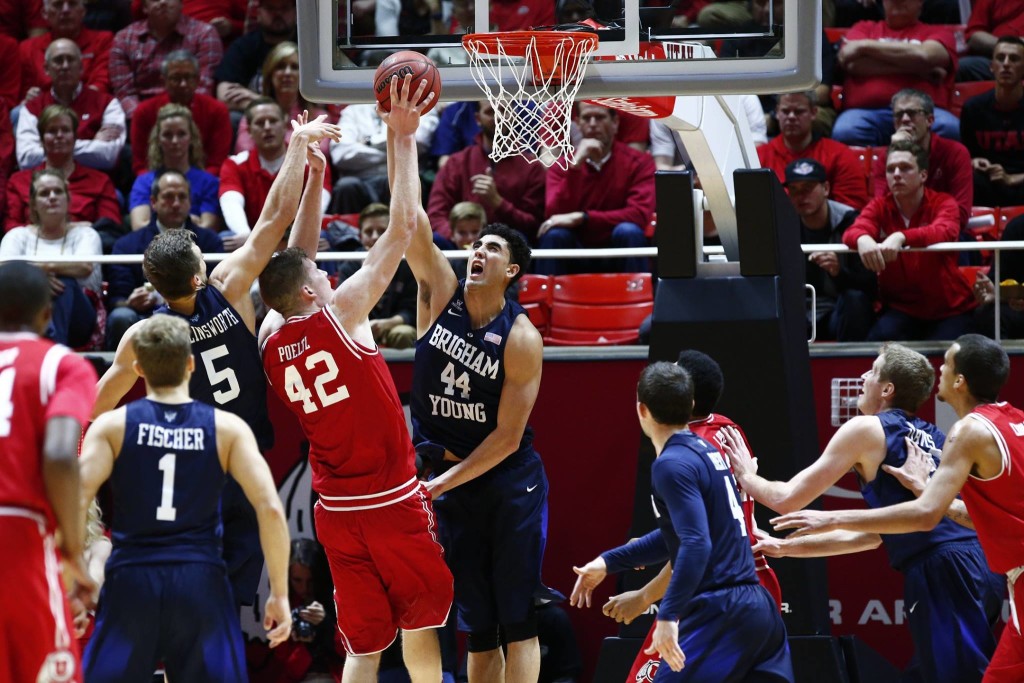 Jakob Poeltl (42) and Corbin Kaufusi (44), BYU at Utah, Salt lake City, Utah, Dec. 2, 2015 | Photo courtesy BYU Photo