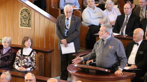 Rev. Jimi Kestin welcoming Rev. Alex Wilke, who has served the city's faith community for over 50 years. Wilke offered the last prayer at the 2016 Prayer Over the City, St. George, Utah, Jan. 1, 2016 | Photo by Mori Kessler, St. George News