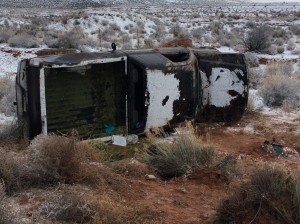 A truck rests on its side off of state Route 389 following a single-vehicle accident, Mohave County, Arizona | Photo by Cami Cox Jim, St. George News