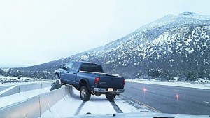 Ice on Interstate 15 spurred five single-vehicle crashes and four slide-offs on the Black Ridge between mileposts 36 and 42, Washington County, Utah, Jan. 8, 2015 | Photo courtesy of Utah Highway Patrol, St. George News