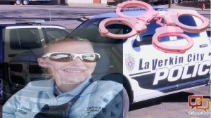 Amber Crouse with Pink Handcuffs at La Verkin Police Department, January, 2016| Photo courtesy of Amber Crouse, St. George News