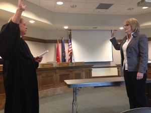 5th District Juvenile Court Judge Thomas M. Higbee swears in newly elected City Council member Terri Hartley, City Council Chambers, Cedar City, Utah, Jan. 4, 2015 | Photo courtesy of Maile Wilson, St. George News