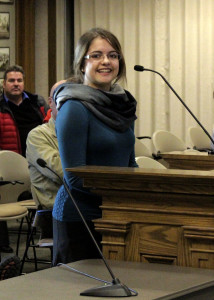 Cedar City intern and Cedar High School senior Kristen Arnell presents the 2015-2016 Annual Budget document she compiled to City Council and administrators, Council Chambers, Cedar City, Utah, Jan. 20, 2016 | Photo by Carin Miller, St. George News