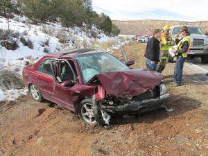 Two cars collided head-on Wednesday on SR-59, but thanks to seat belts, no one was injured. Apple Valley, Utah, Jan. 13, 2016 | Photo courtesy of Trooper Jesse Williams, Utah Highway Patrol, St. George News