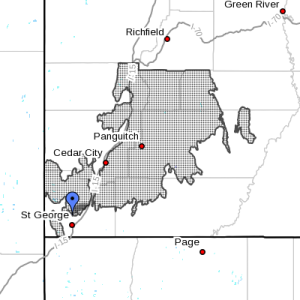 The shaded area indicates the area affected by the winter weather advisory, Southern Utah, Utah, Jan. 29, 2016, 9:30 a.m. | Image courtesy of the National Weather Service, St. George News