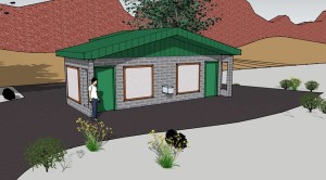 Architectural rendering of information destination and restroom facilities; The color of the cinder blocks will be natural reddish tones and the white panels represent educational interpretive display areas, Cedar Canyon Nature Park, Cedar City, Utah, Date unspecified | Photo courtesy of the Southwest Wildlife Foundation, St. George News 