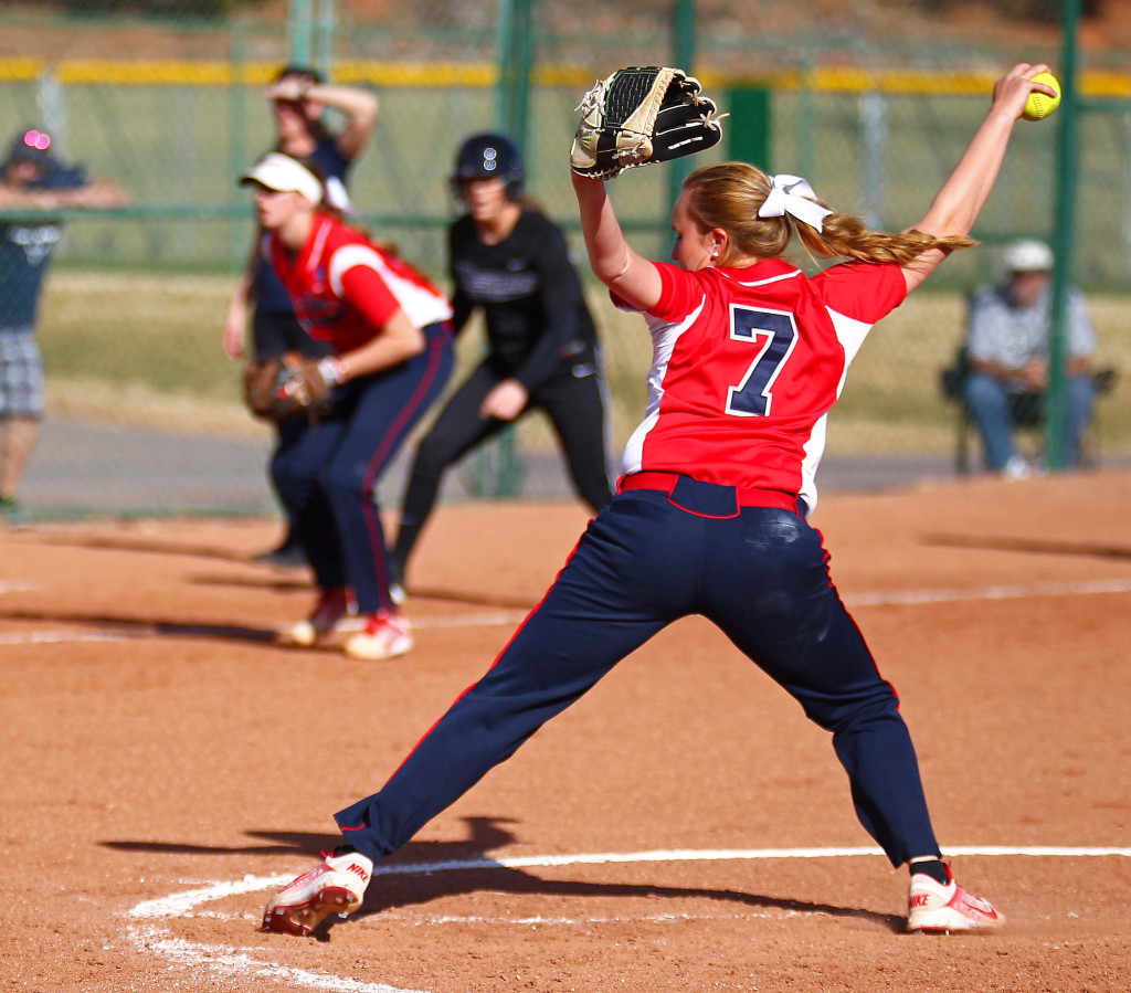 Dixie State's Aryn Feickert (7), Dixie State University vs. Western Washington University, Softball, St. George, Utah, Feb. 13, 2016, | Photo by Robert Hoppie, ASPpix.com, St. George News