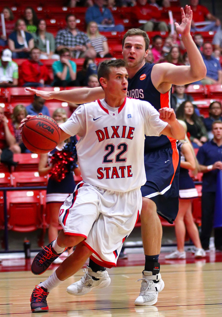 Brandon Simister (22), Dixie State University, vs. Fresno Pacific University, Mens Basketball, St. George, Utah, Feb. 13, 2016, | Photo by Robert Hoppie, ASPpix.com, St. George News