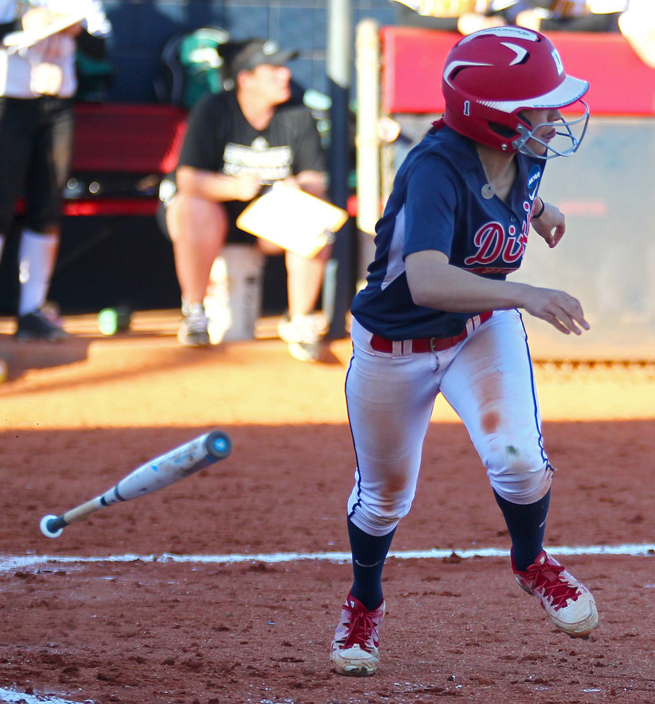 Dixie State's  Janessa Bassett (1), Dixie State University vs. Humboldt State University, Softball, St. George, Utah, Feb. 5, 2016, | Photo by Robert Hoppie, ASPpix.com, St. George News