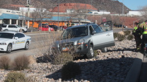 The driver of a gray Hyundai Tucson lost control of her vehicle on Thursday morning and crashed onto the gravel embankment next to N. 1680 East, St. George, Utah, Feb. 4, 2016| Photo by Don Gilman, St. George News